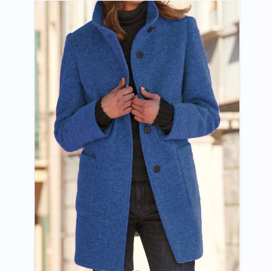 Women's Fashion Stand Collar Woolen Coat with Pockets – Fall Winter Casual Outerwear