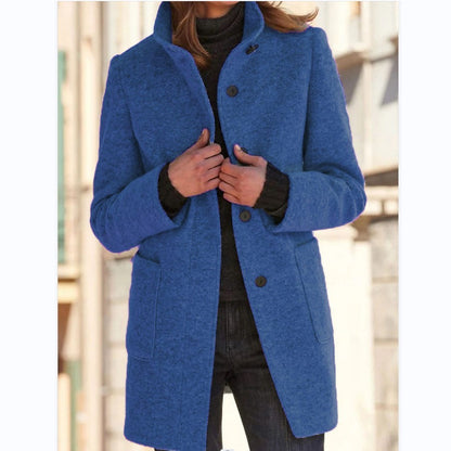 Women's Fashion Stand Collar Woolen Coat with Pockets – Fall Winter Casual Outerwear