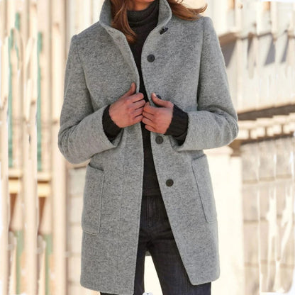 Women's Fashion Stand Collar Woolen Coat with Pockets – Fall Winter Casual Outerwear