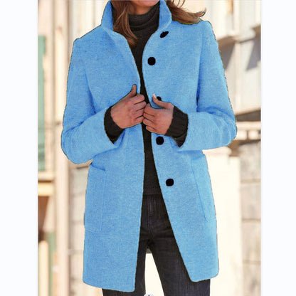 Women's Fashion Stand Collar Woolen Coat with Pockets – Fall Winter Casual Outerwear