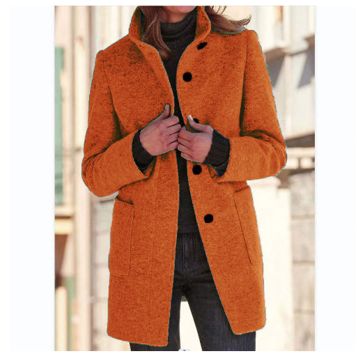 Women's Fashion Stand Collar Woolen Coat with Pockets – Fall Winter Casual Outerwear