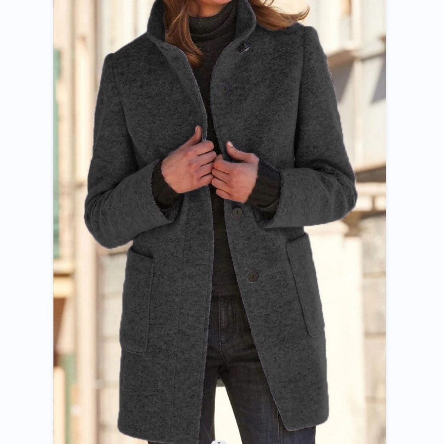 Women's Fashion Stand Collar Woolen Coat with Pockets – Fall Winter Casual Outerwear