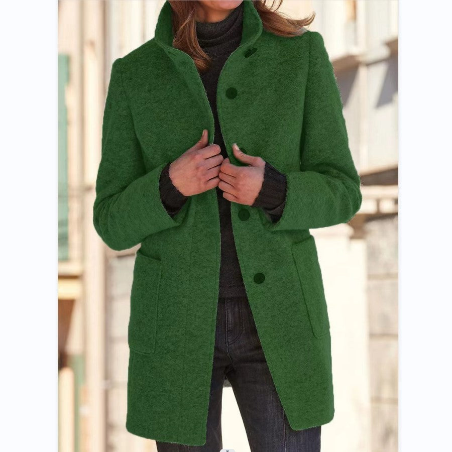 Women's Fashion Stand Collar Woolen Coat with Pockets – Fall Winter Casual Outerwear