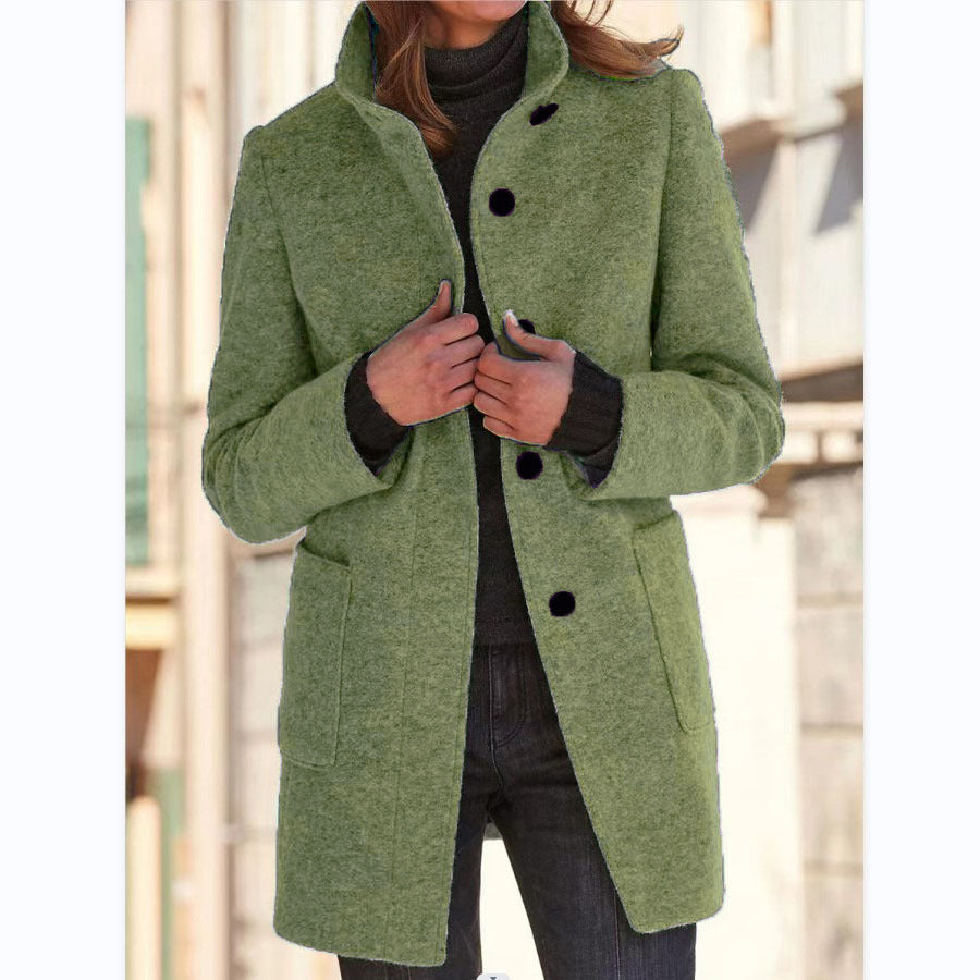 Women's Fashion Stand Collar Woolen Coat with Pockets – Fall Winter Casual Outerwear