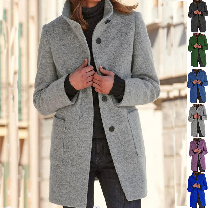 Women's Fashion Stand Collar Woolen Coat with Pockets – Fall Winter Casual Outerwear