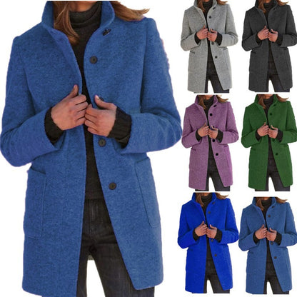 Women's Fashion Stand Collar Woolen Coat with Pockets – Fall Winter Casual Outerwear